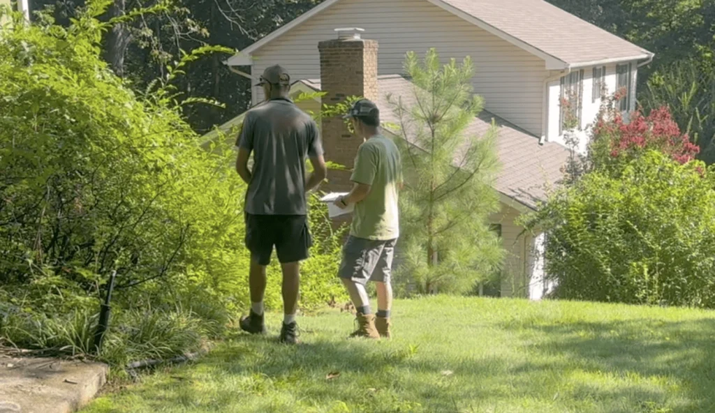 Team members Shawn and Chris reviewing plans for landscape restoration project in Hixson.