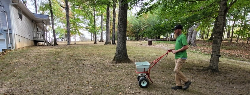 A member of The Galloway Team spreading grass seed in a Chattanooga yard.